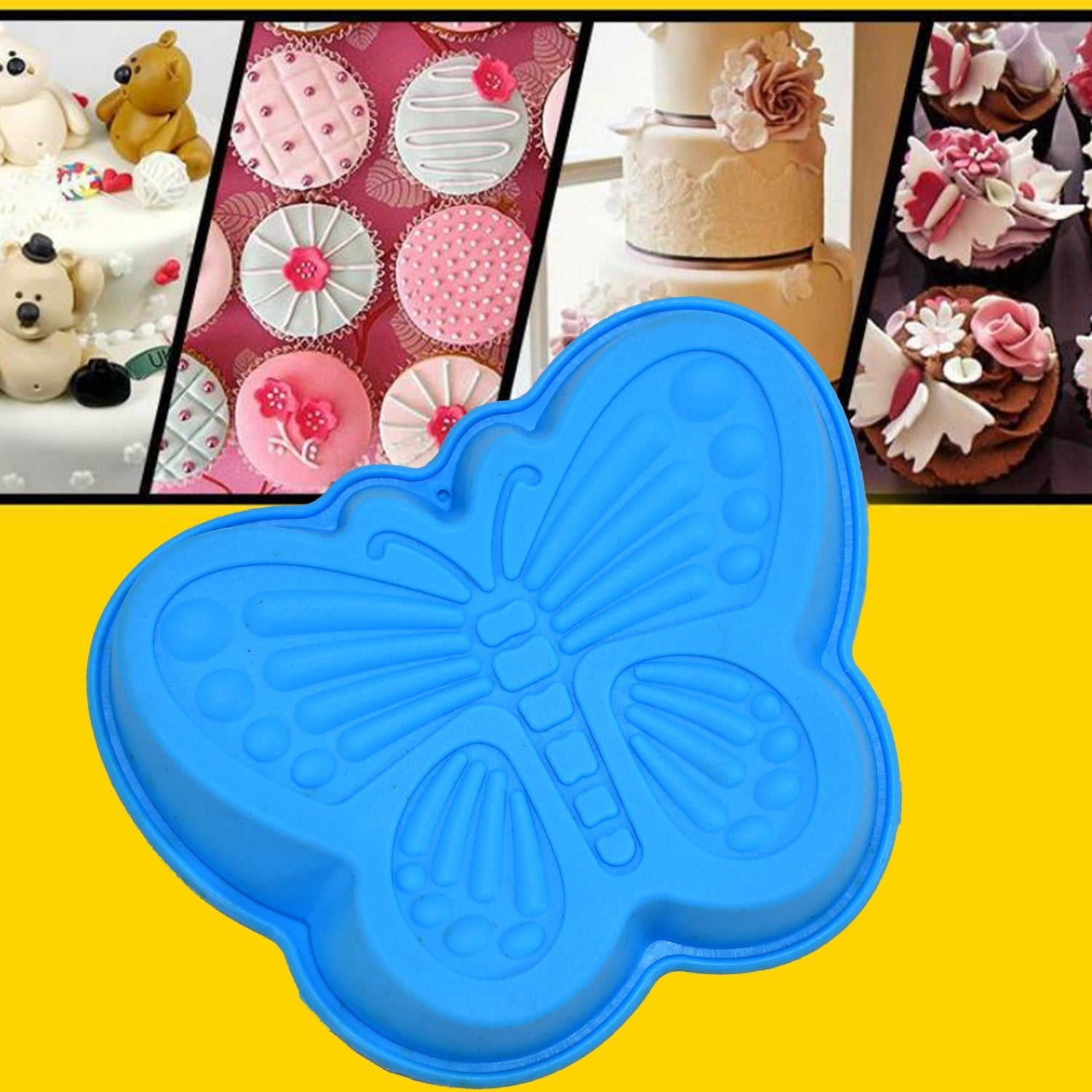 Flexible silicone baking molds, butterfly design, safe for various baking and candy making.