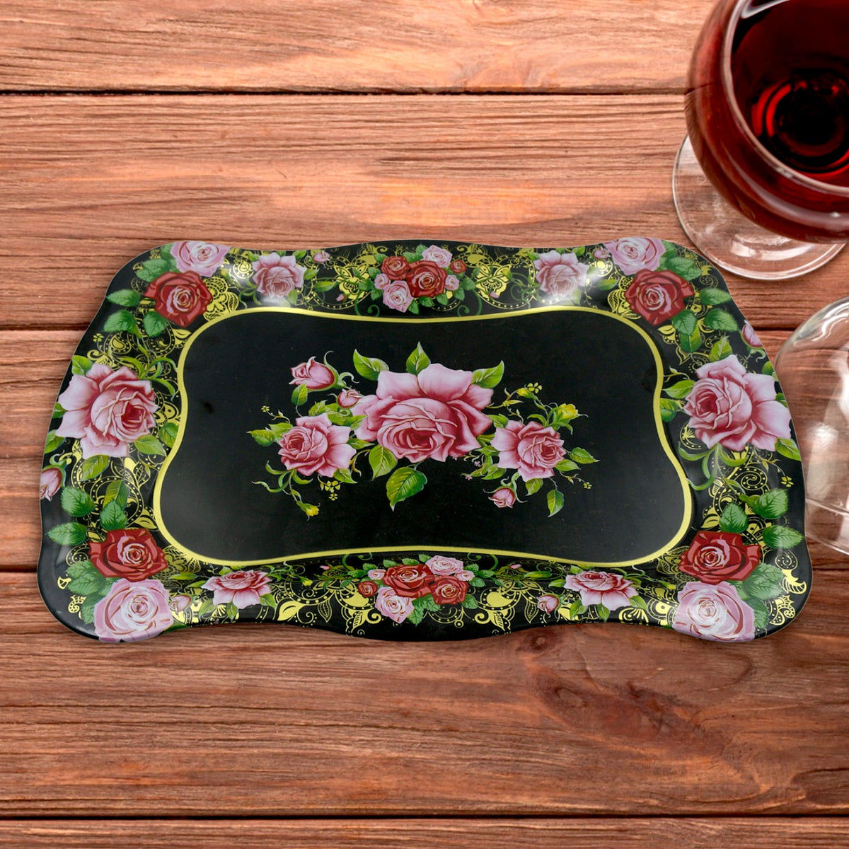 Stainless Steel Serving Tray With Flower Printed Rectangle  Dining Table  - 5537_ss_serving_tray_1pc