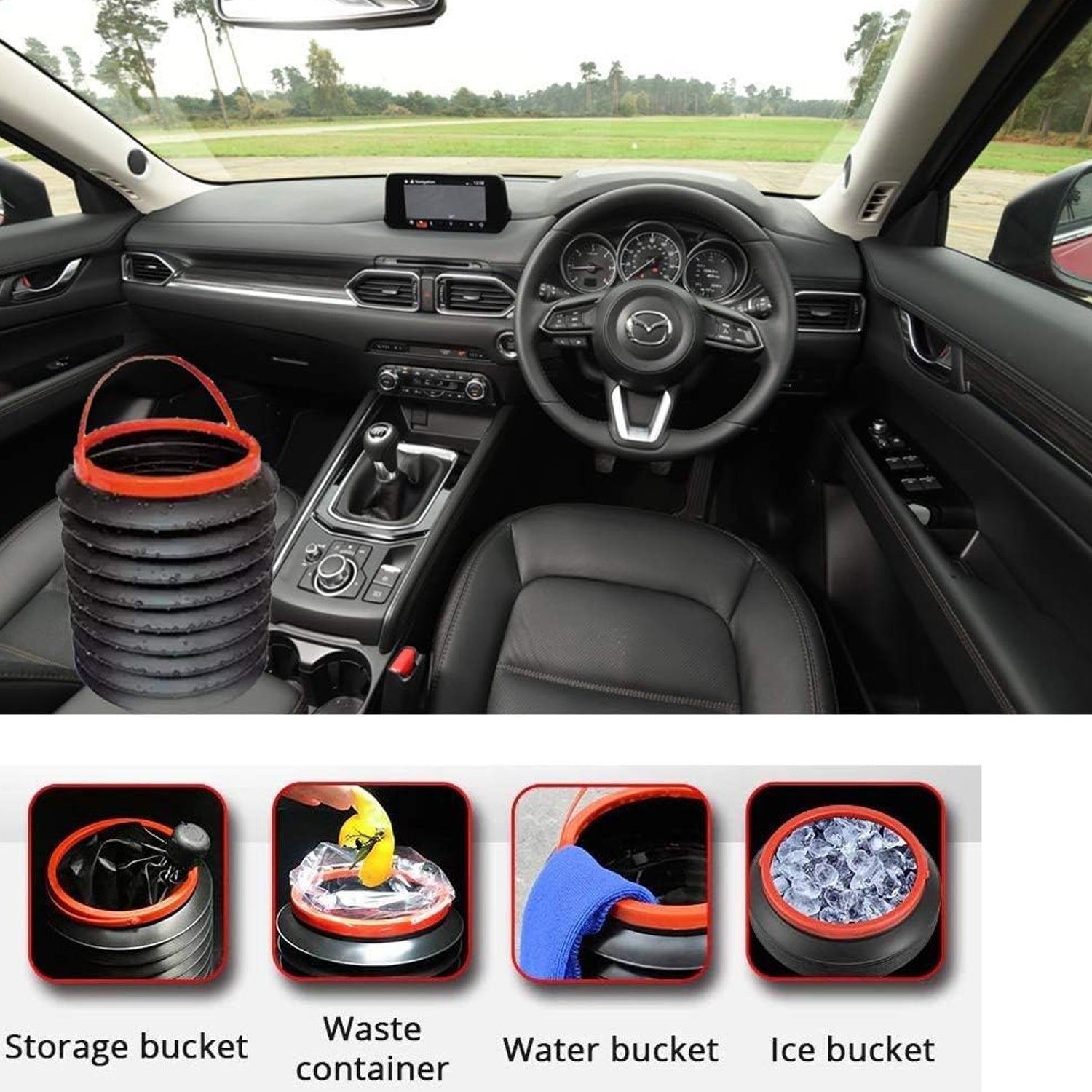 Foldable Storage Bucket, Water Container & Dustbin Multiuse Bucket For Home, Car - 0237r_foldable_dustbin_red