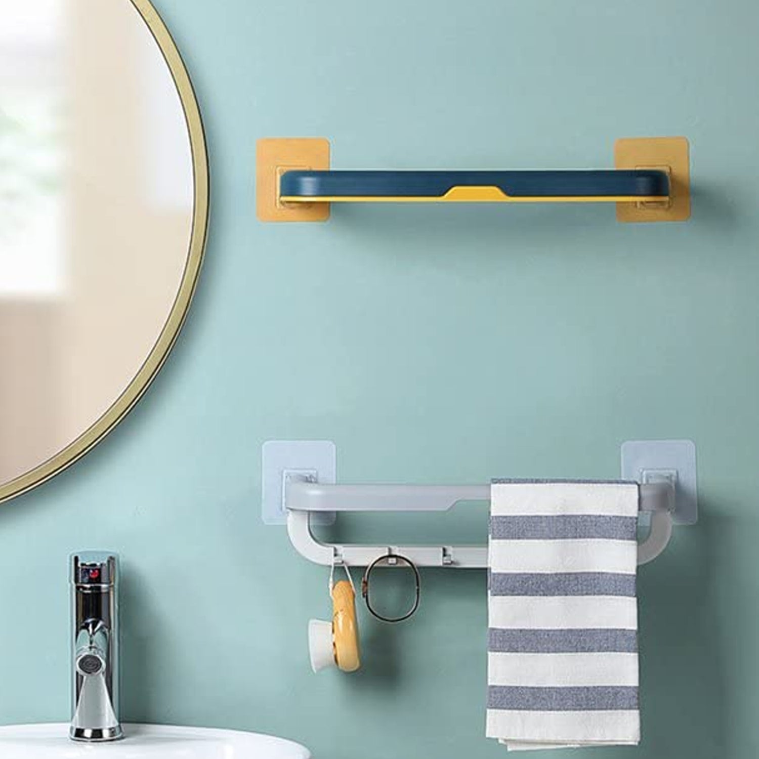 Wall Mounted Double Bar Towel Holder with Hooks | Multifunctional Adjustable Tow - 1515_folding_double_towel_rack