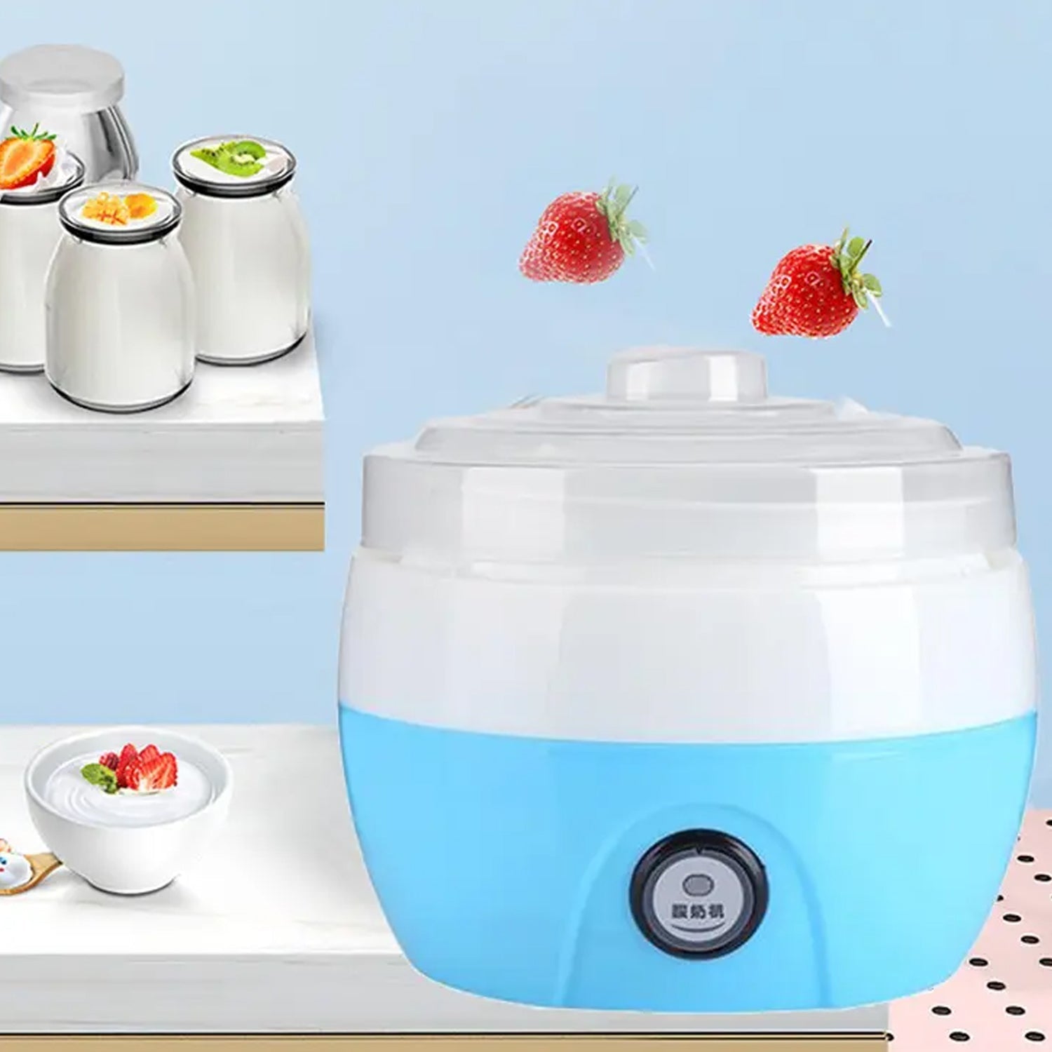 Complete view of the yogurt maker with accessories.