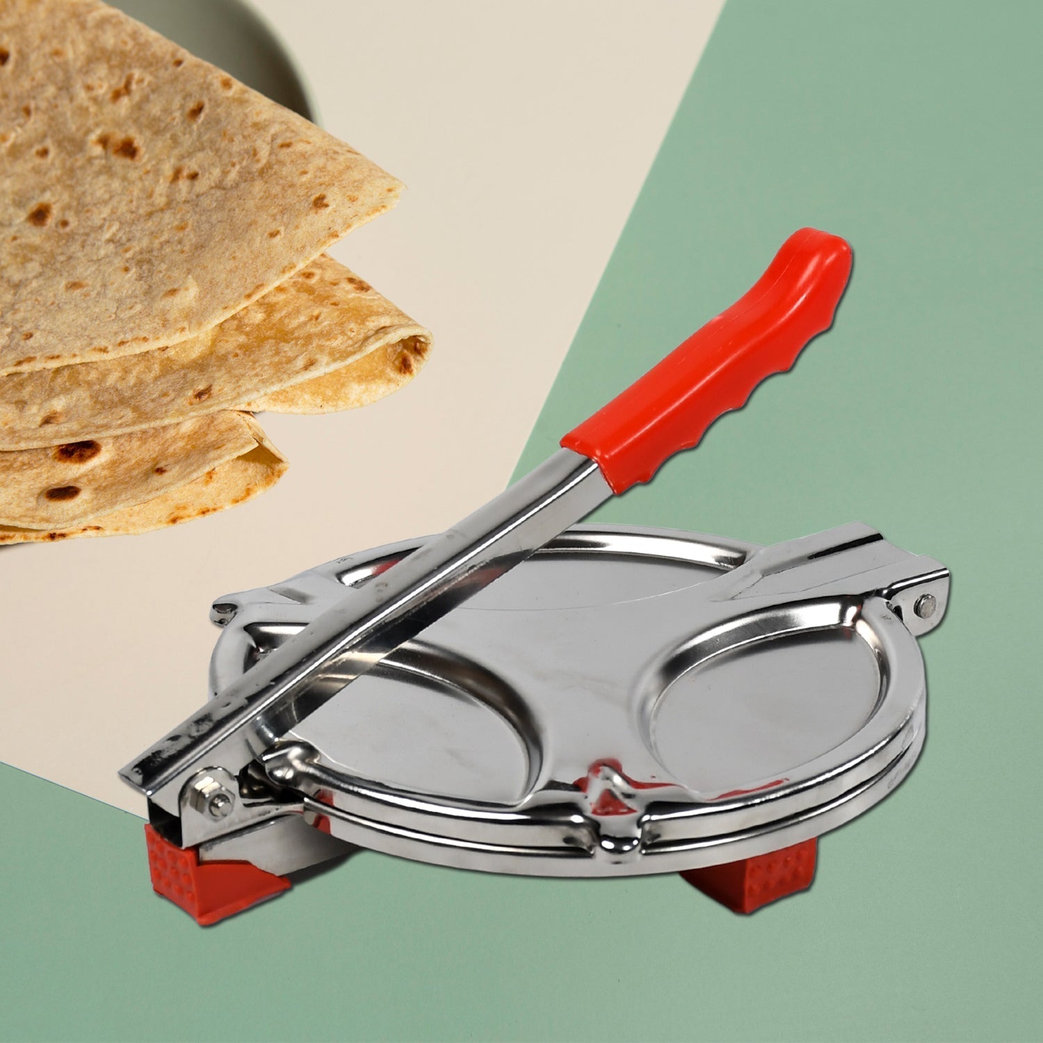 Manual puri press maker with comfortable handle, designed for easy and efficient use.