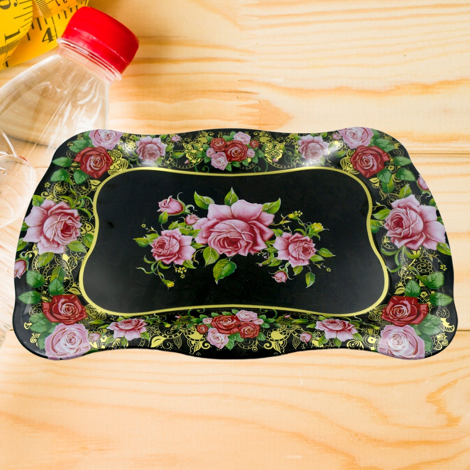 Stainless Steel Serving Tray With Flower Printed Rectangle  Dining Table  - 5537_ss_serving_tray_1pc