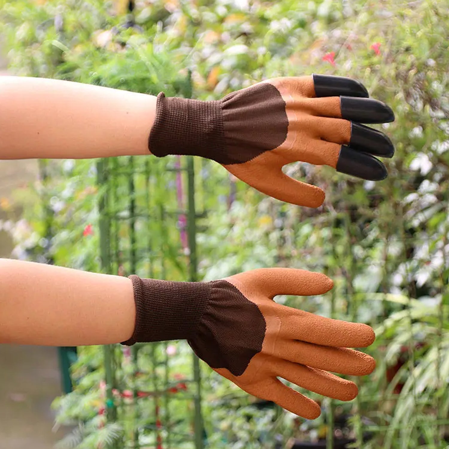 Garden Farming Gloves With Hand Fingertips & Plastic Claws (1 Pair) - 9581_gardening_gloves_brown_1pair