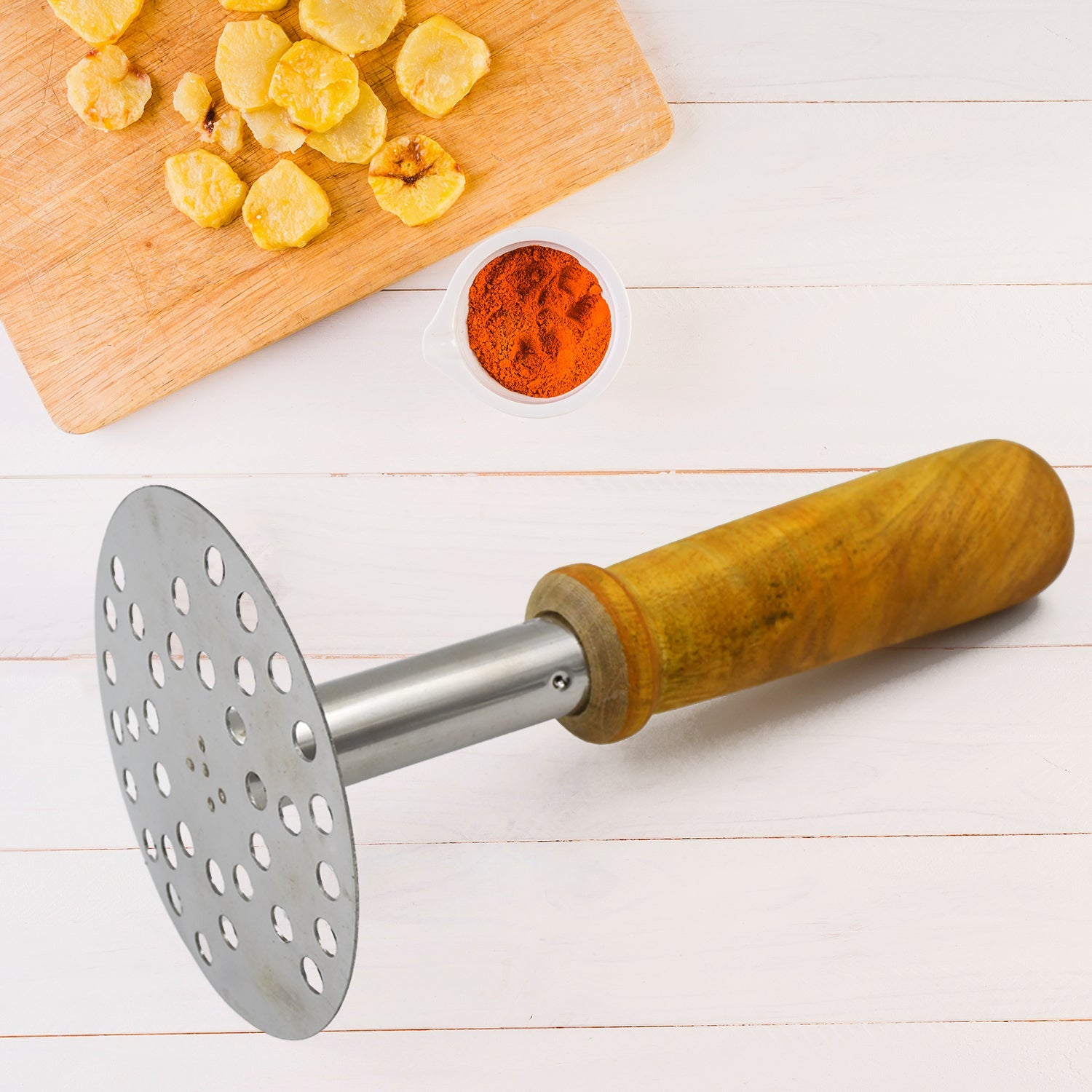 High Grade Stainless Steel Potato Masher Paubhaji / Pav Bhaji Masher with Wooden - 10200_wooden_handle_potato_masher_1pc