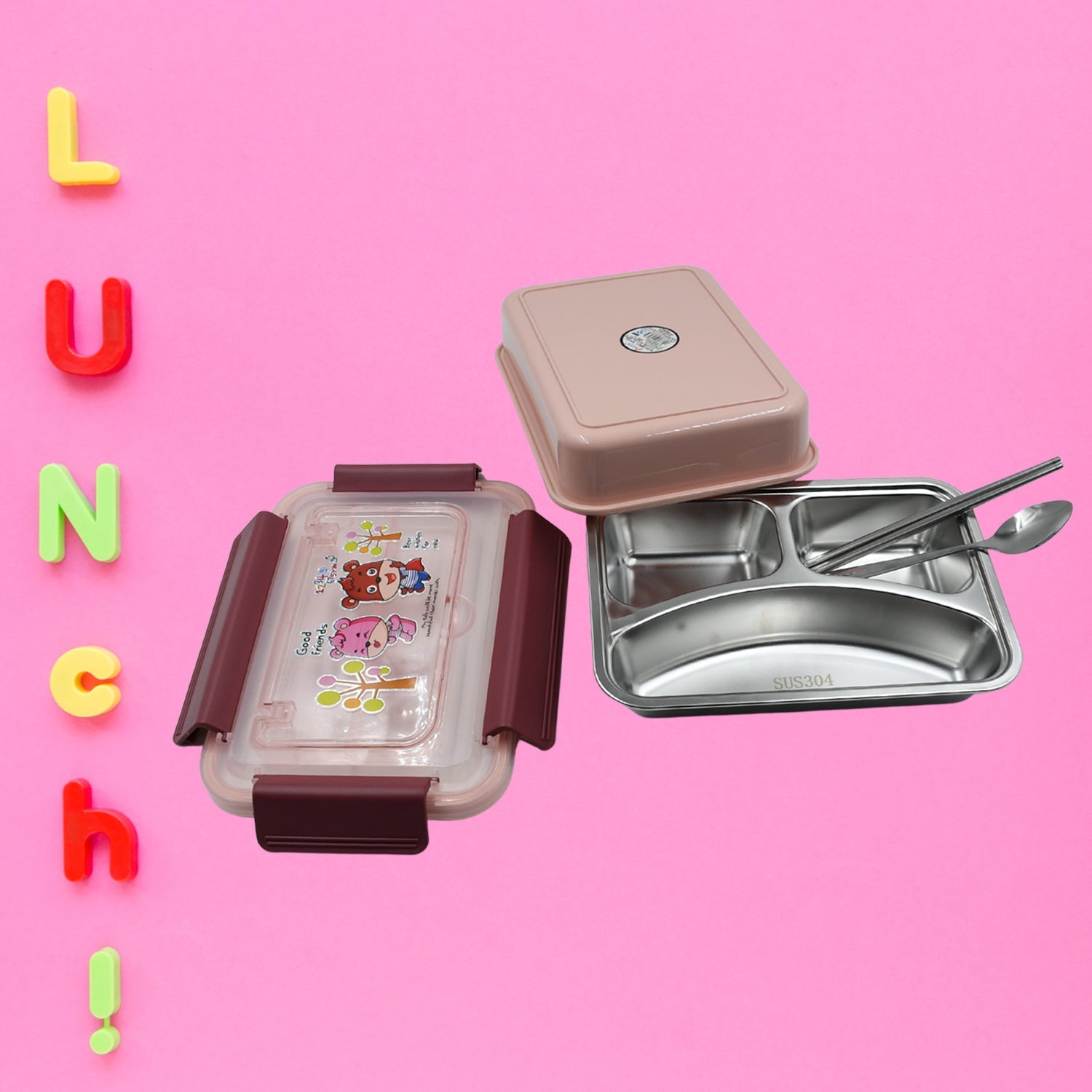 Kids' lunch box with steel spoon and chopsticks, made from durable and safe materials.