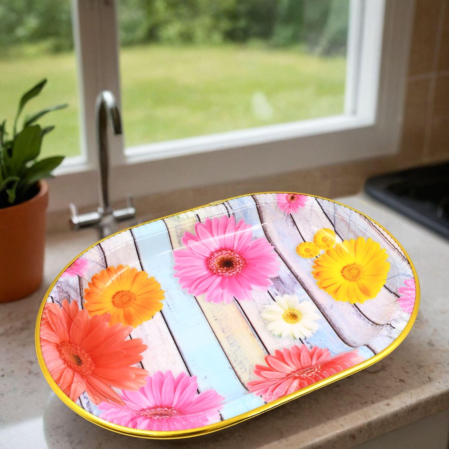 Plastic Flower Printed Design Serving Tray (3 Pcs Set / Mix Color) - 10146_plastic_serving_tray_3pcs_set