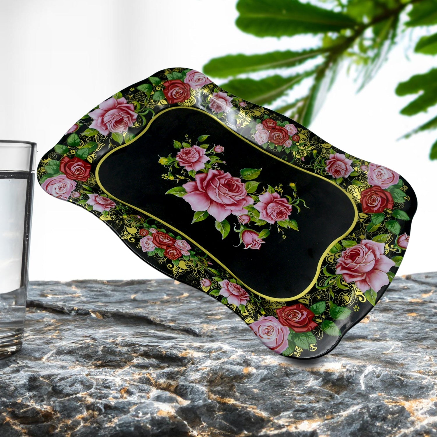 Stainless Steel Serving Tray With Flower Printed Rectangle  Dining Table  - 5537_ss_serving_tray_1pc