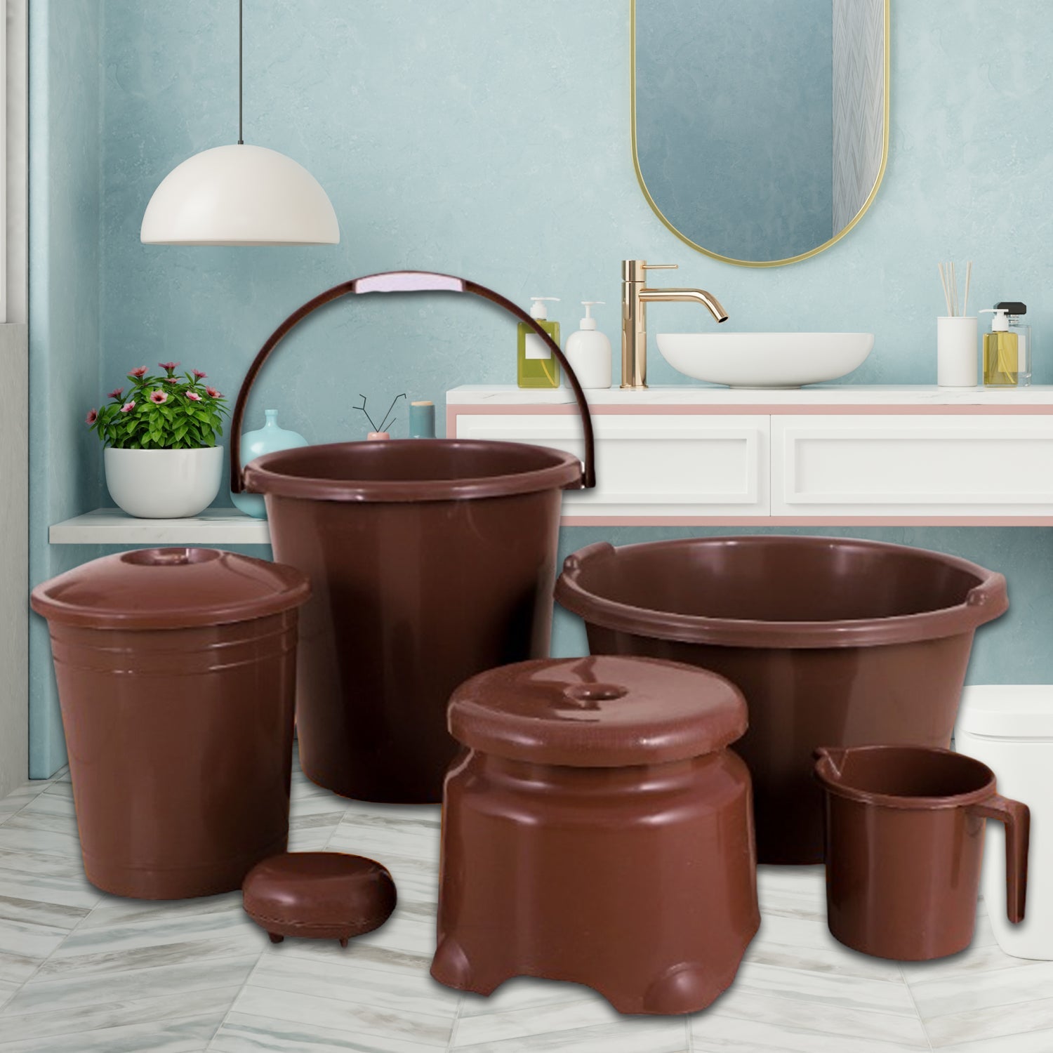 Plastic Bathroom Accessories Set 6 pcs Bath Set Bathroom Bucket with Dustbin Mug - 8728_plastic_6pc_bathroom_set