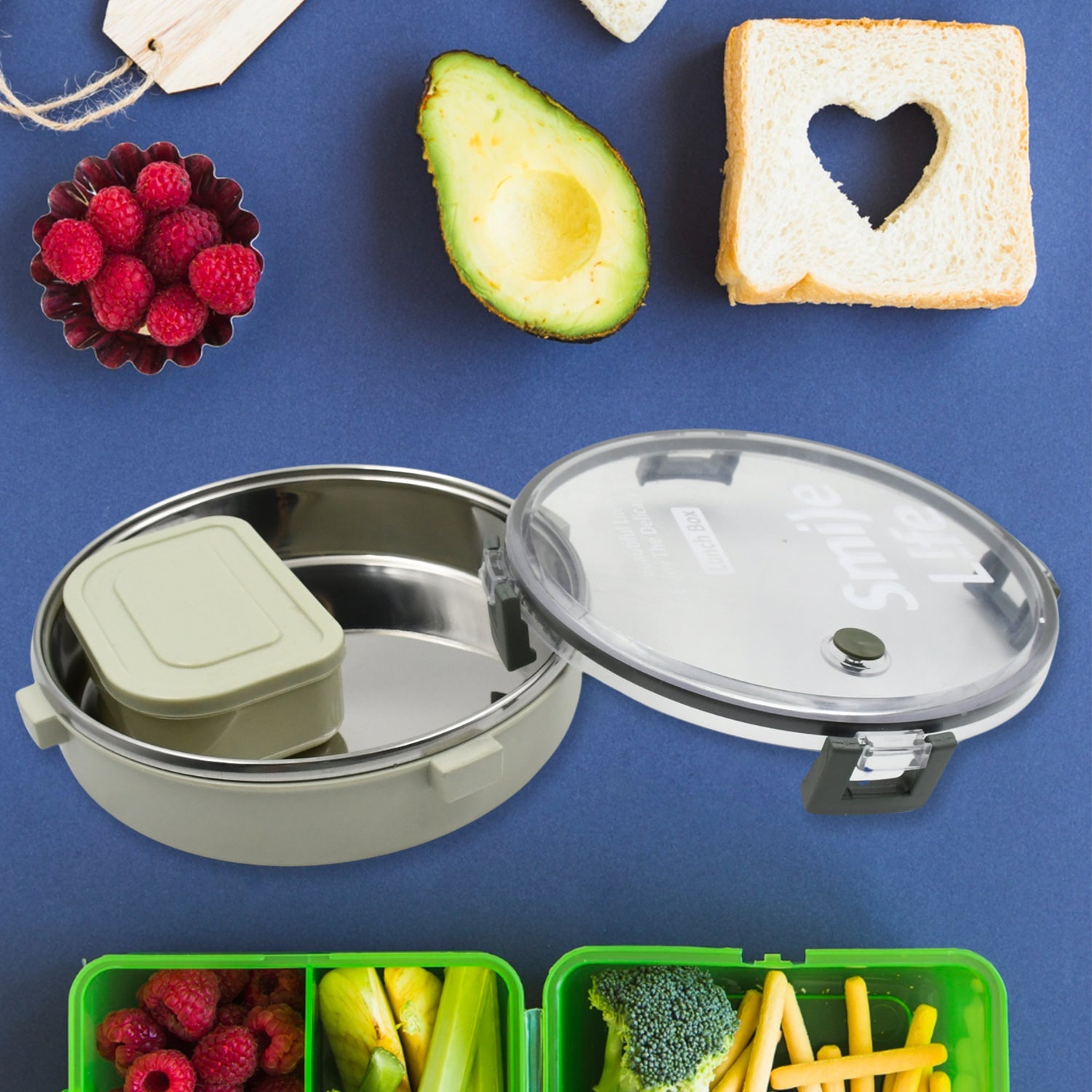 Miracle Stainless Steel Round Lunch Box, with Small Plastic Box Insert Leak Proo - 5584_ss_round_lunch_box_m141