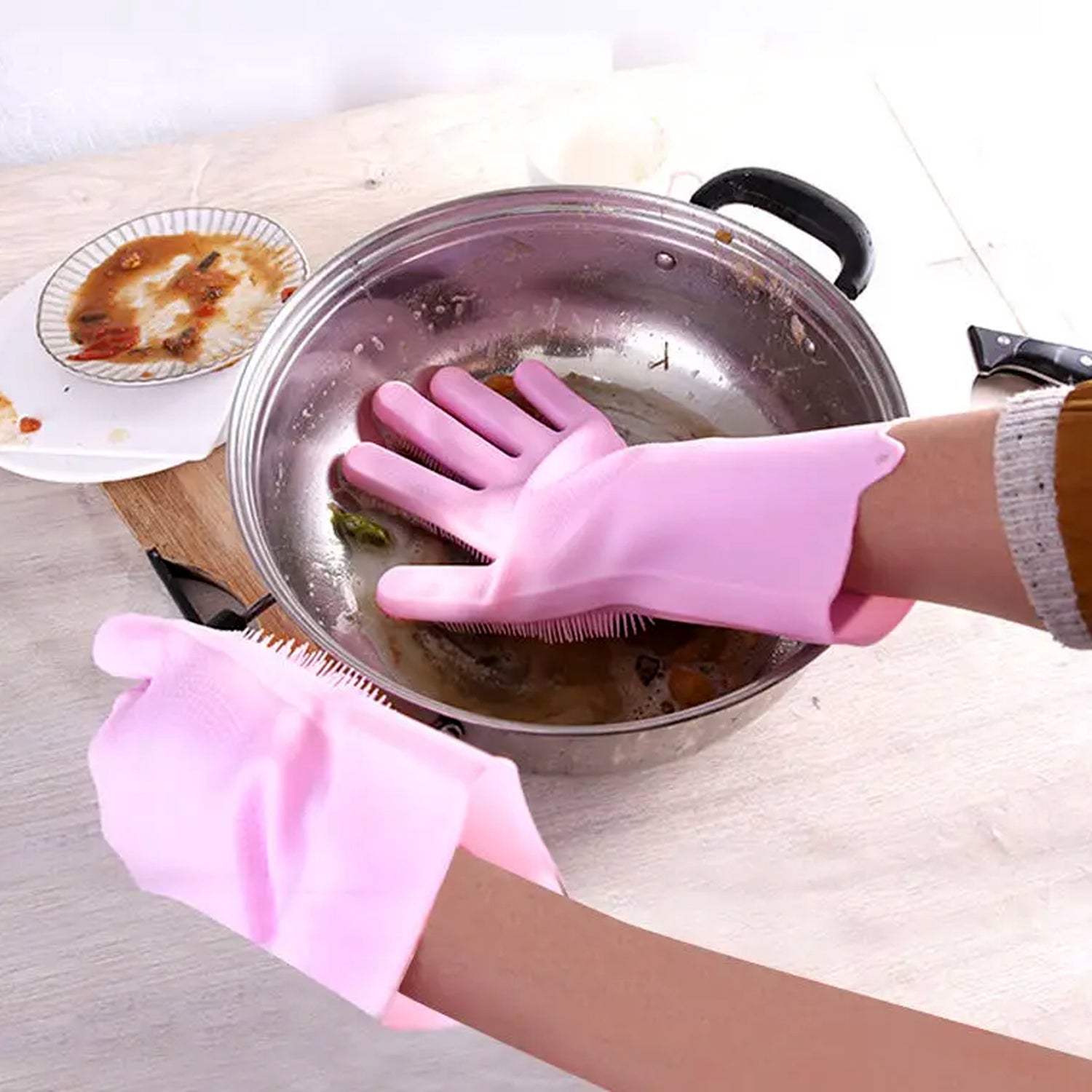 Dishwashing Gloves with Scrubber| Silicone Cleaning Reusable Scrub Gloves for Wa - 8740_scrubber_gloves_155gm