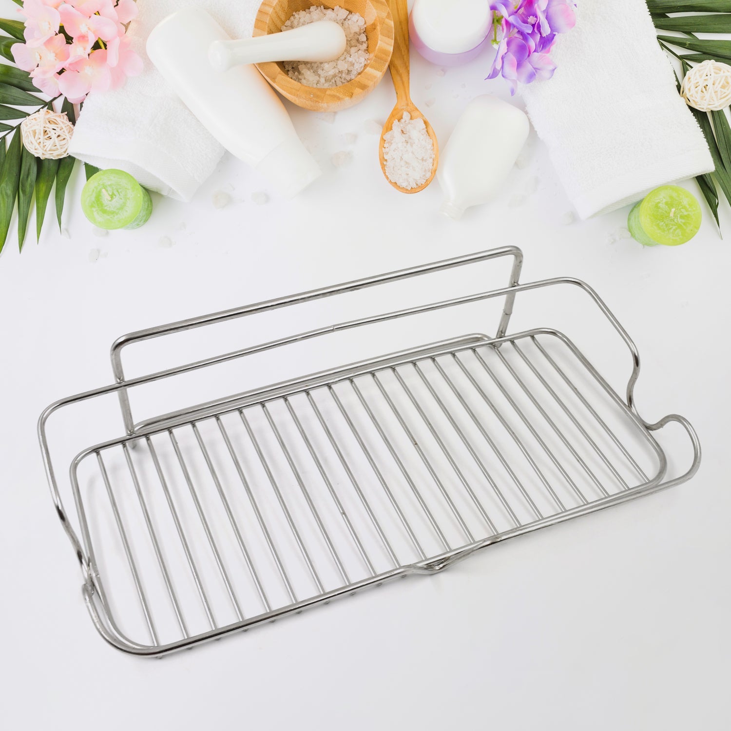 Stainless Steel Kitchen Bathroom Shower Shelf Storage Suction Basket Rack (1 Pc) - 8559_ss_adhe_shower_shelf_rack_1pc