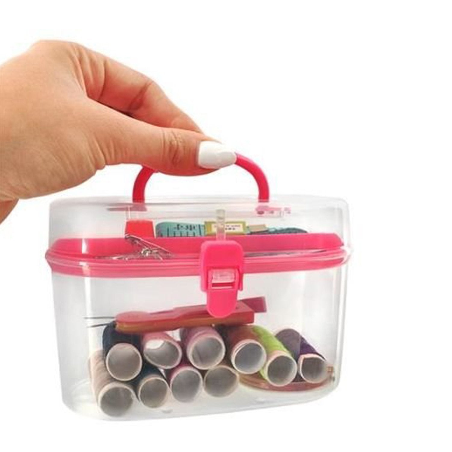 Portable sewing box showing all essential tools for travel sewing needs