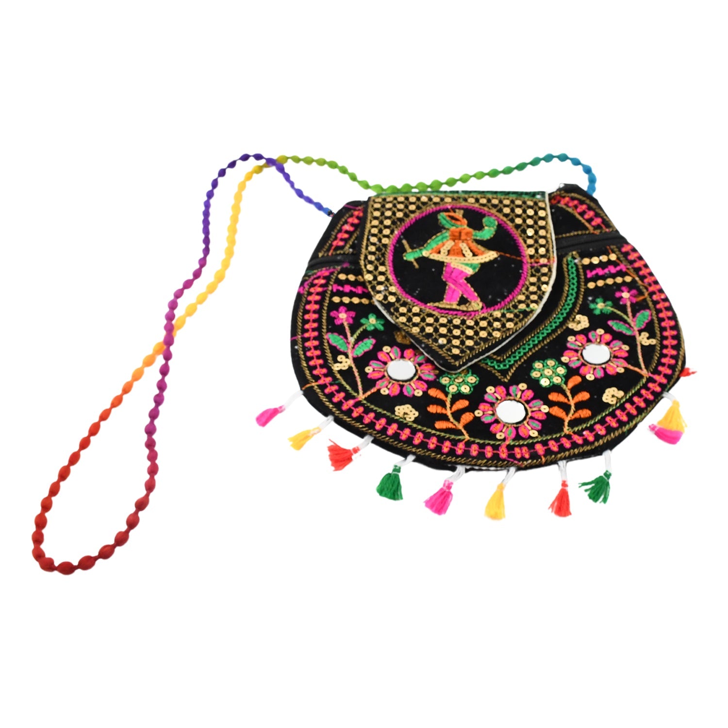 9 inch Handcrafted Cotton Embroidered Shoulder Bag for Girls & women (1 Pc) - 3893_traditional_purse_9inch_no1