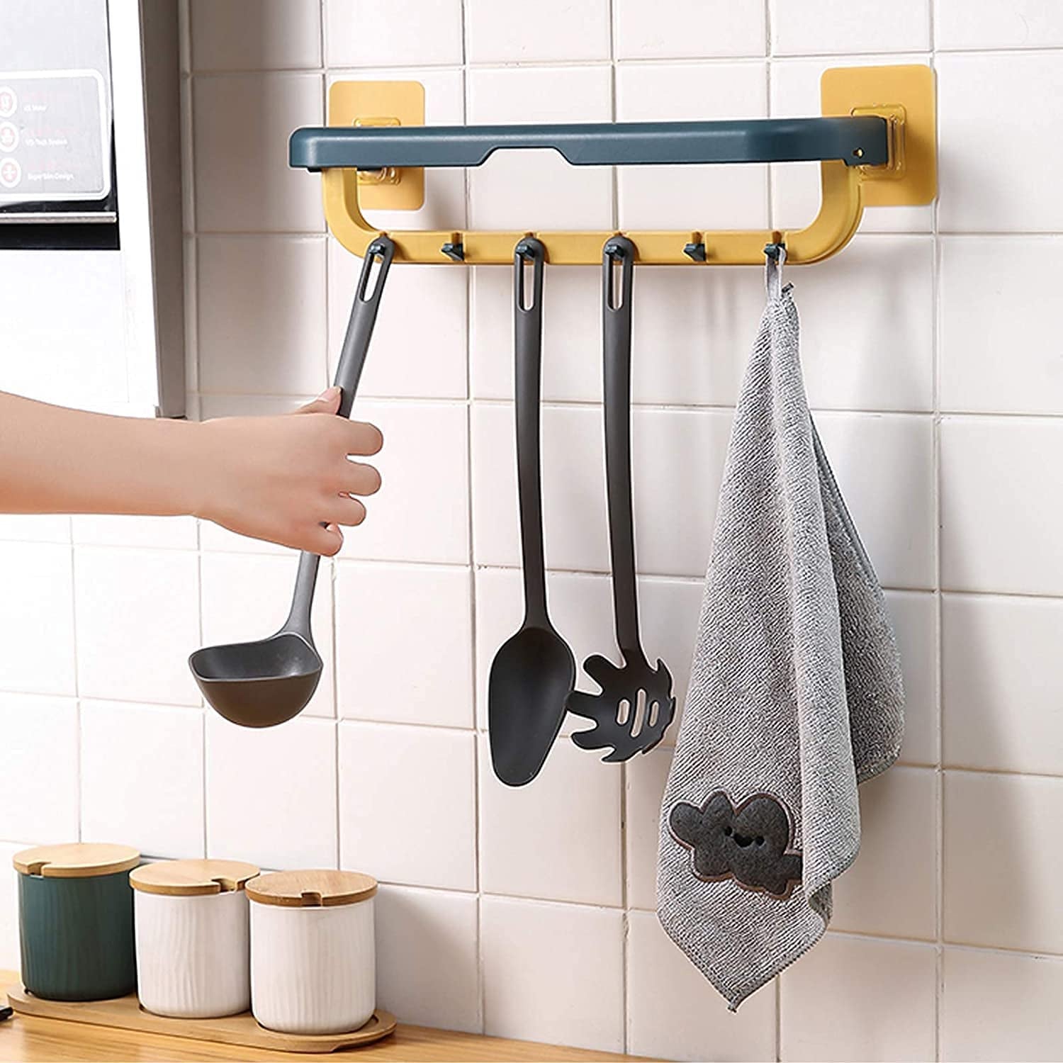 Wall Mounted Double Bar Towel Holder with Hooks | Multifunctional Adjustable Tow - 1515_folding_double_towel_rack