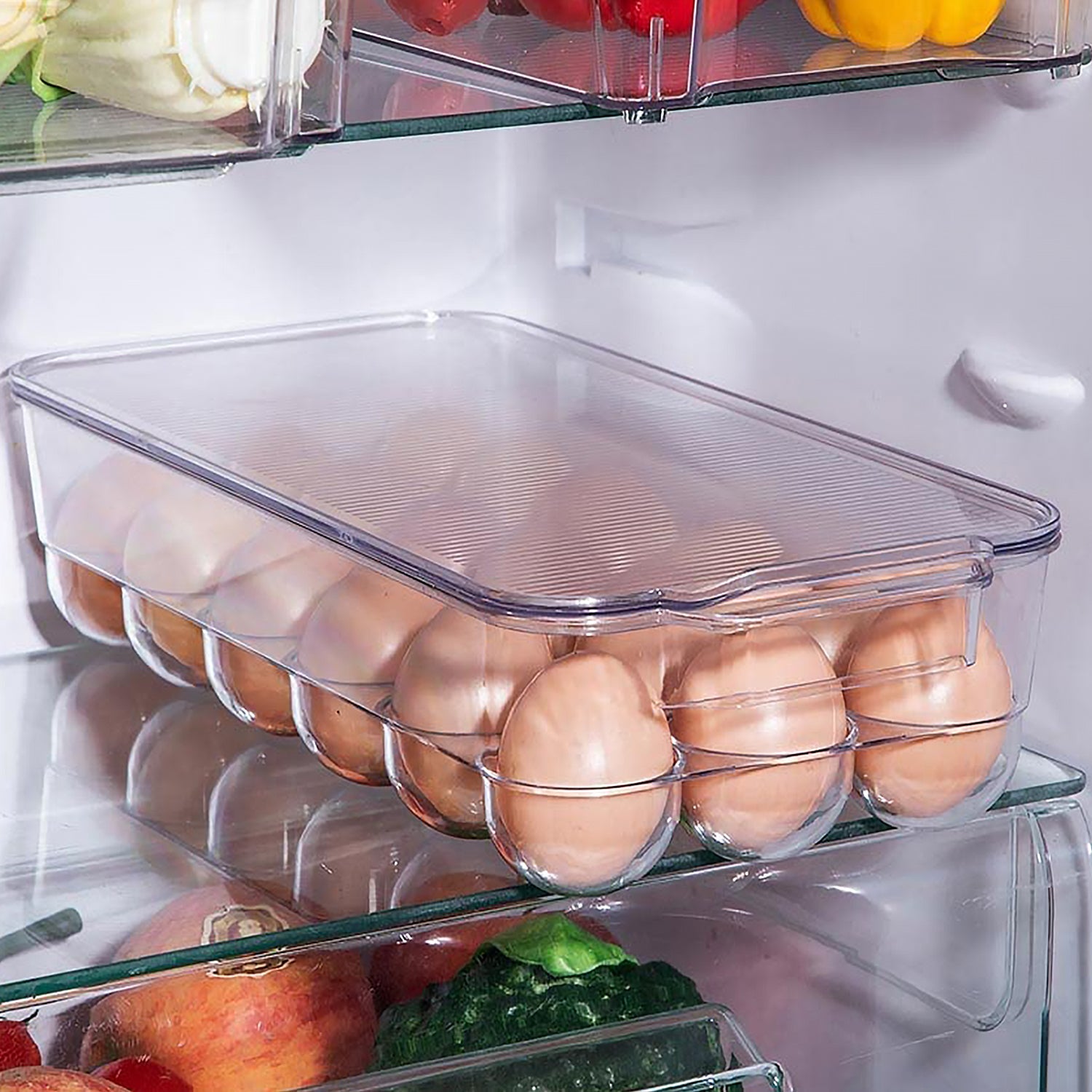 Plastic 18 Cavity Egg Storage Box Or Egg Trays For Refrigerator With Lid & Handl - 5623_18_grid_egg_storage_box_brown