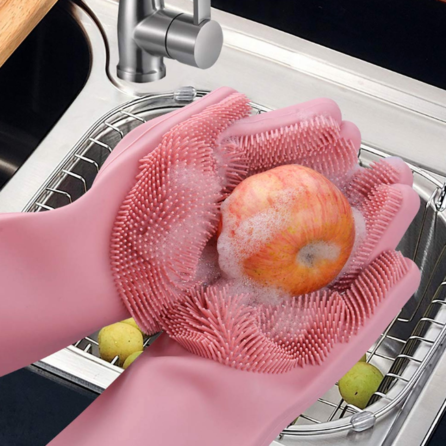 Dishwashing Gloves with Scrubber| Silicone Cleaning Reusable Scrub Gloves for Wa - 17723_scrubber_gloves_250gm