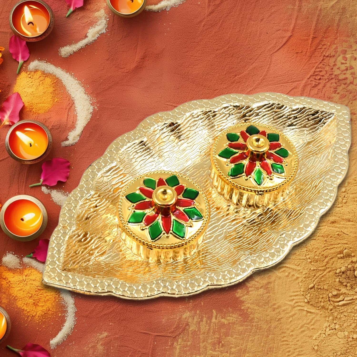 Leaf Shape Special Puja Thali (1 Pc / Mix Design) - 5890_leaf_shape_kumkum_dish_no1