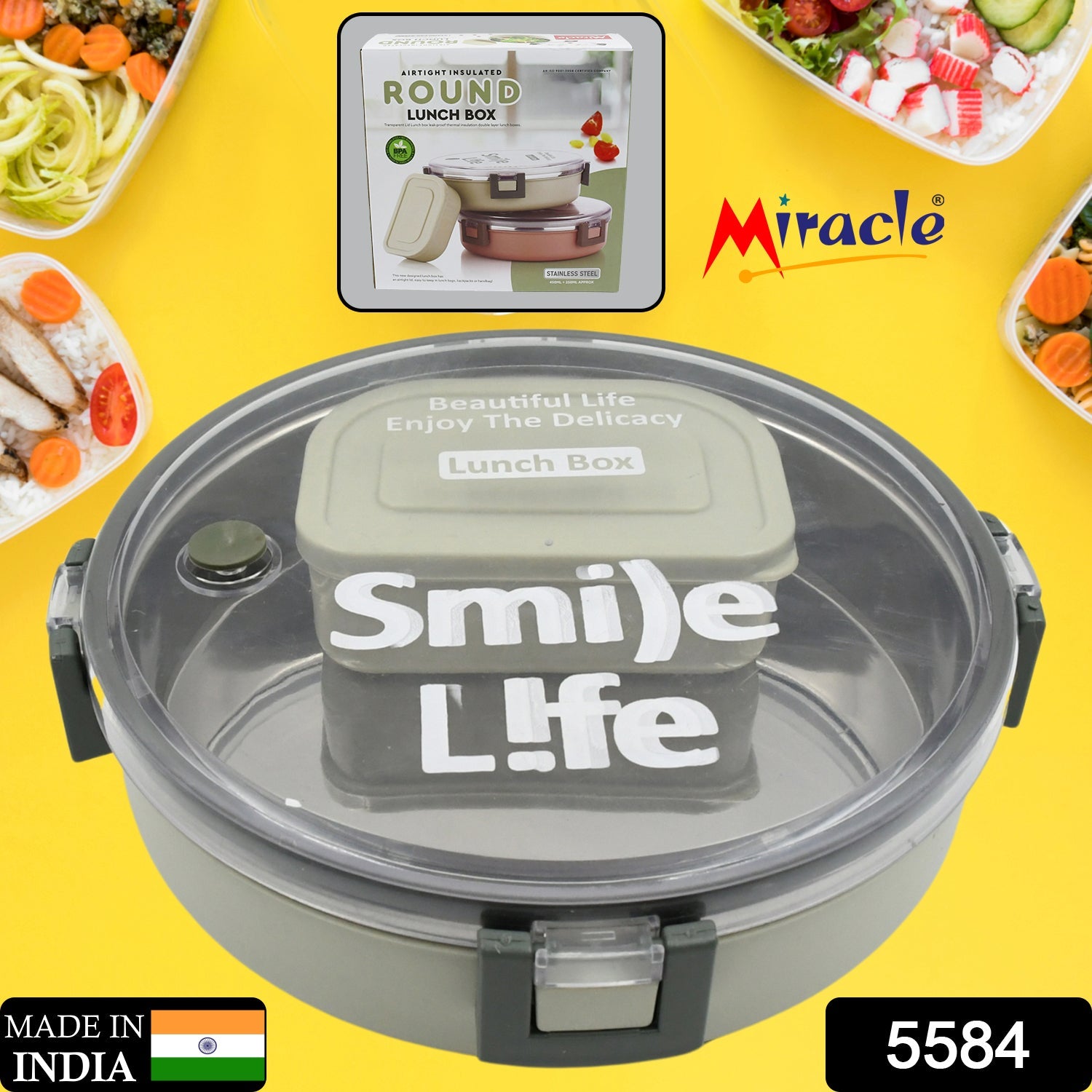 Miracle Stainless Steel Round Lunch Box, with Small Plastic Box Insert Leak Proo - 5584_ss_round_lunch_box_m141