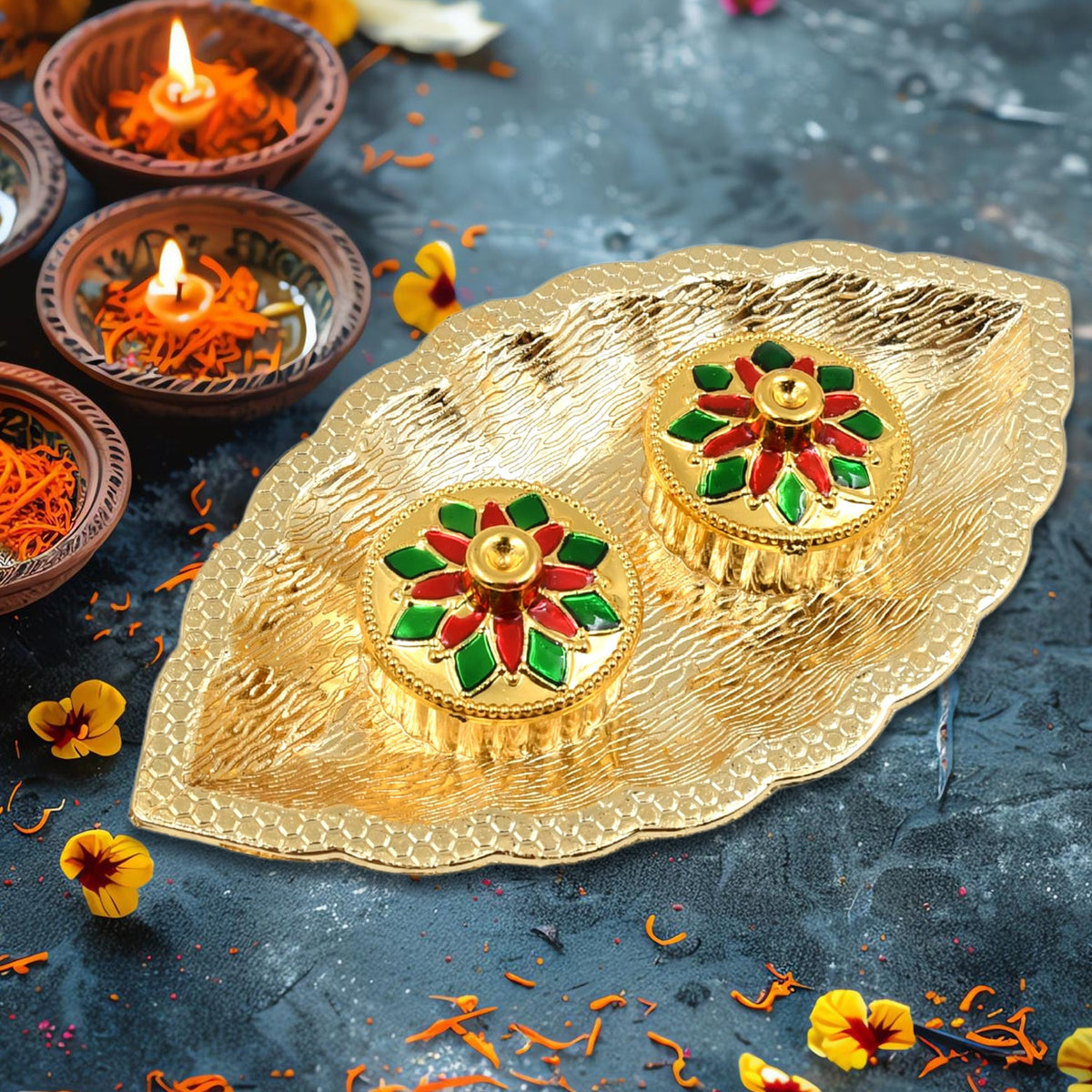 Leaf Shape Special Puja Thali (1 Pc / Mix Design) - 5890_leaf_shape_kumkum_dish_no1