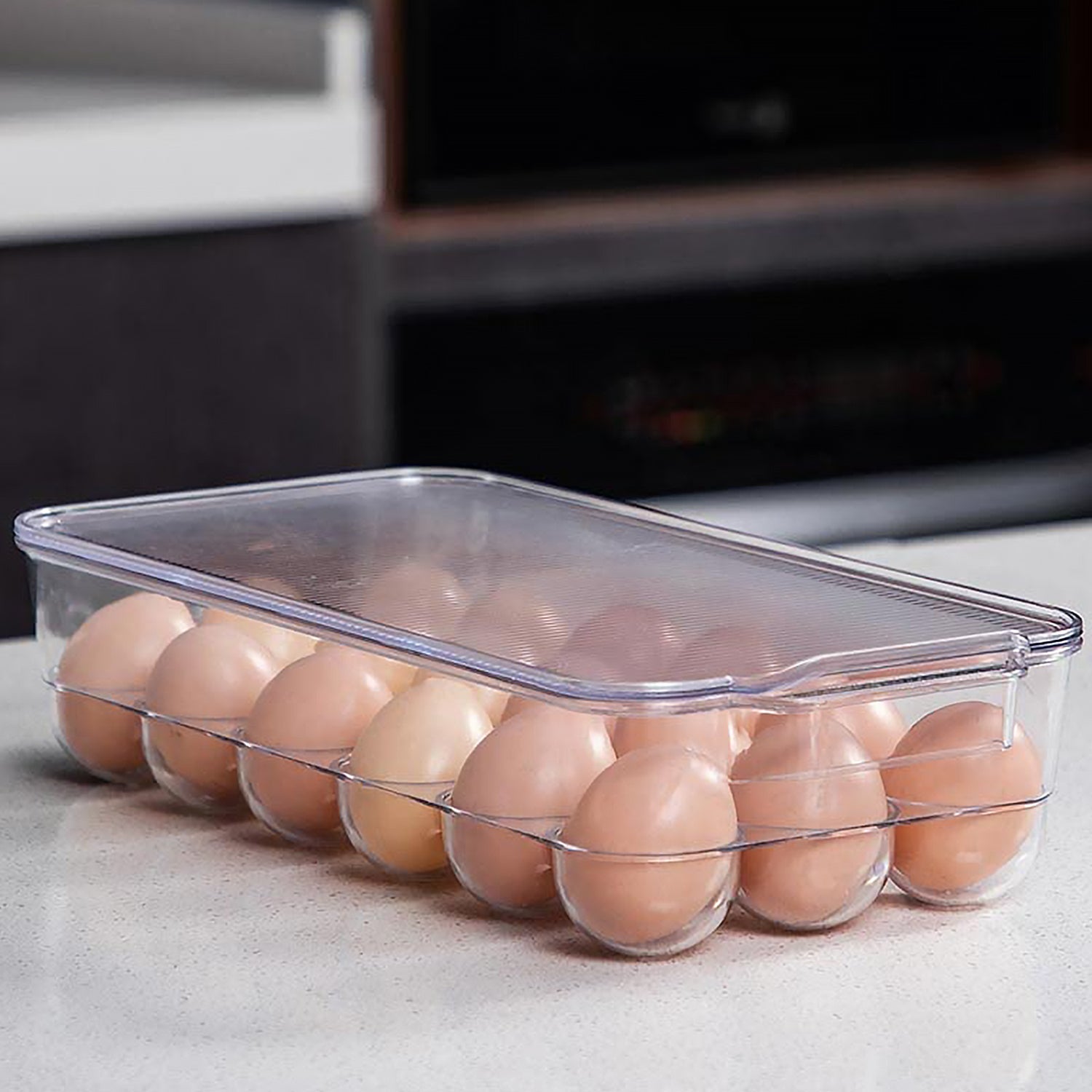 Plastic 18 Cavity Egg Storage Box Or Egg Trays For Refrigerator With Lid & Handl - 5623_18_grid_egg_storage_box_brown