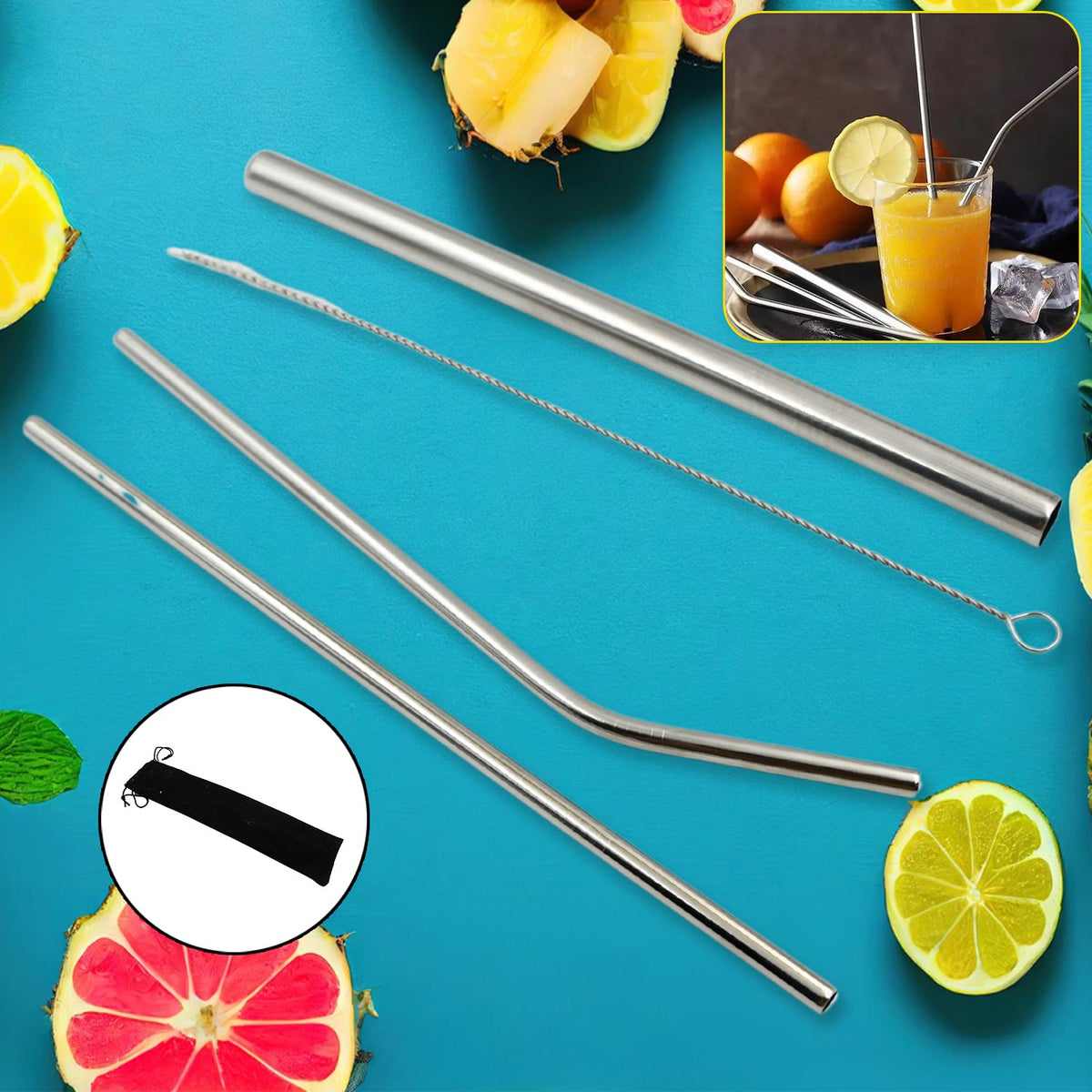 Reusable Stainless Steel Straws with Travel Case Cleaning Brush Eco Friendly Ext - 0600_steel_drinking_straws_4pc