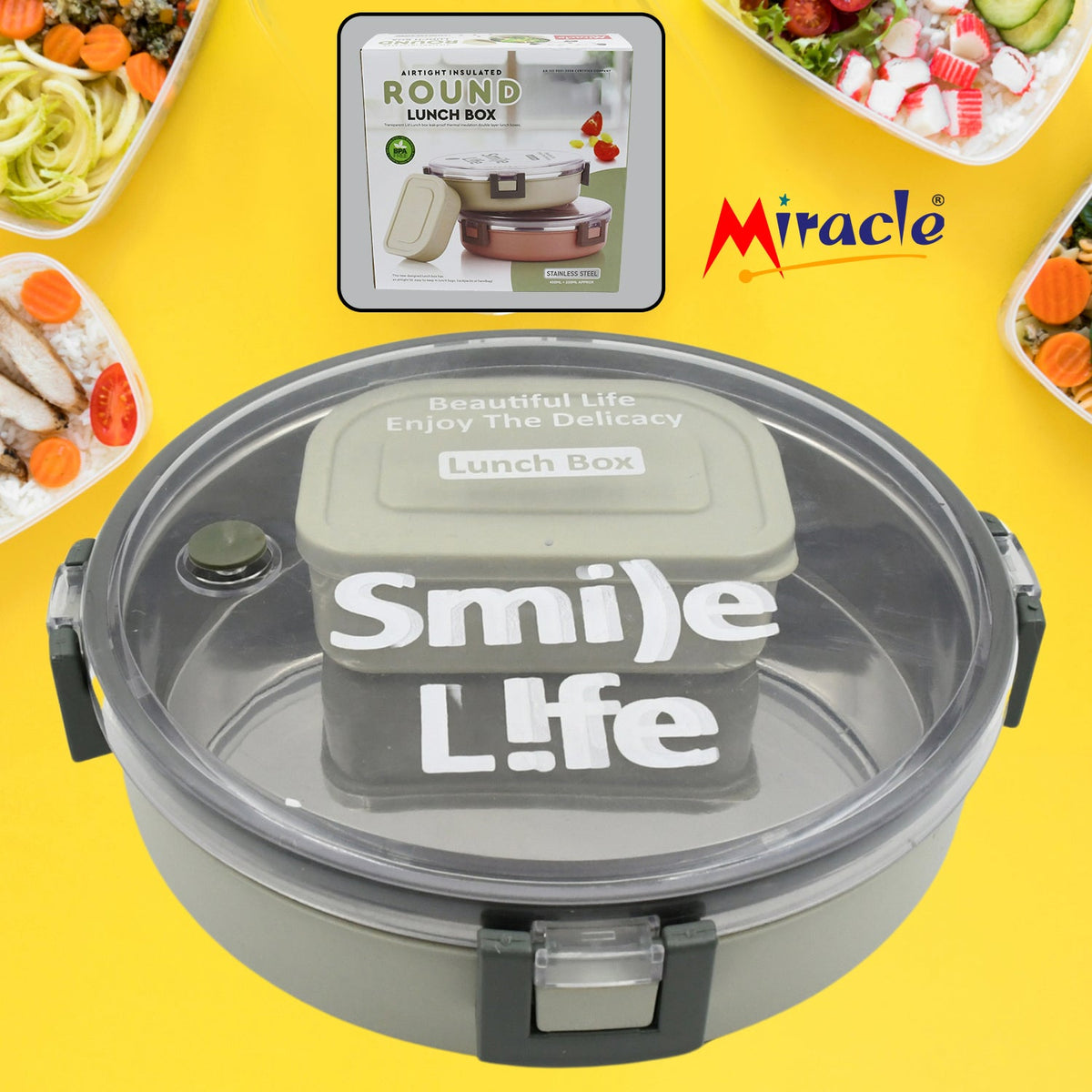 Miracle Stainless Steel Round Lunch Box, with Small Plastic Box Insert Leak Proo - 5584_ss_round_lunch_box_m141