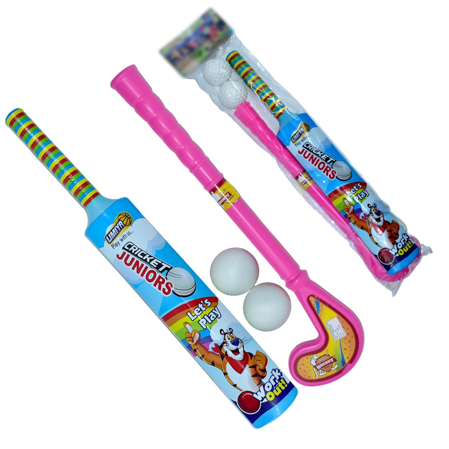 Close-up of plastic bat, ball, and hockey set in vibrant colors