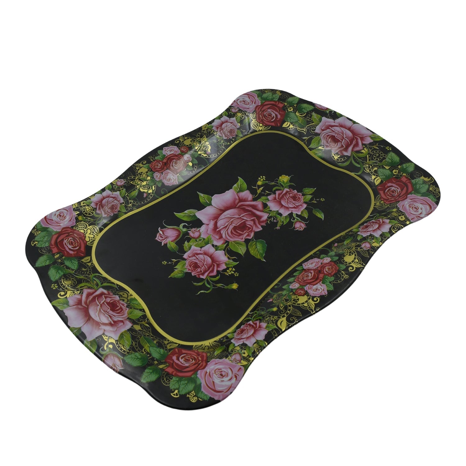 Stainless Steel Serving Tray With Flower Printed Rectangle  Dining Table  - 5537_ss_serving_tray_1pc