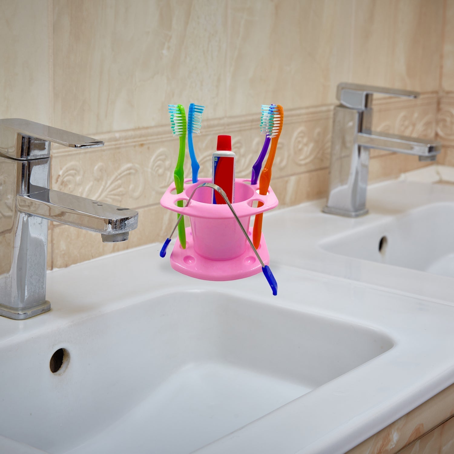 Easy-to-clean toothbrush holder with versatile design.