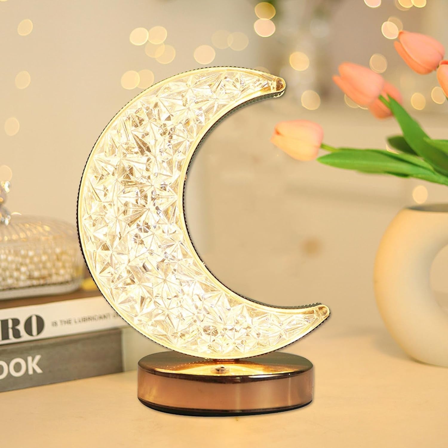 Crystal Table Lamp | Moon Shape Touch Control Lamp with 3 Color | Metal Bedside  - 12570_moon_crystal_table_lamp