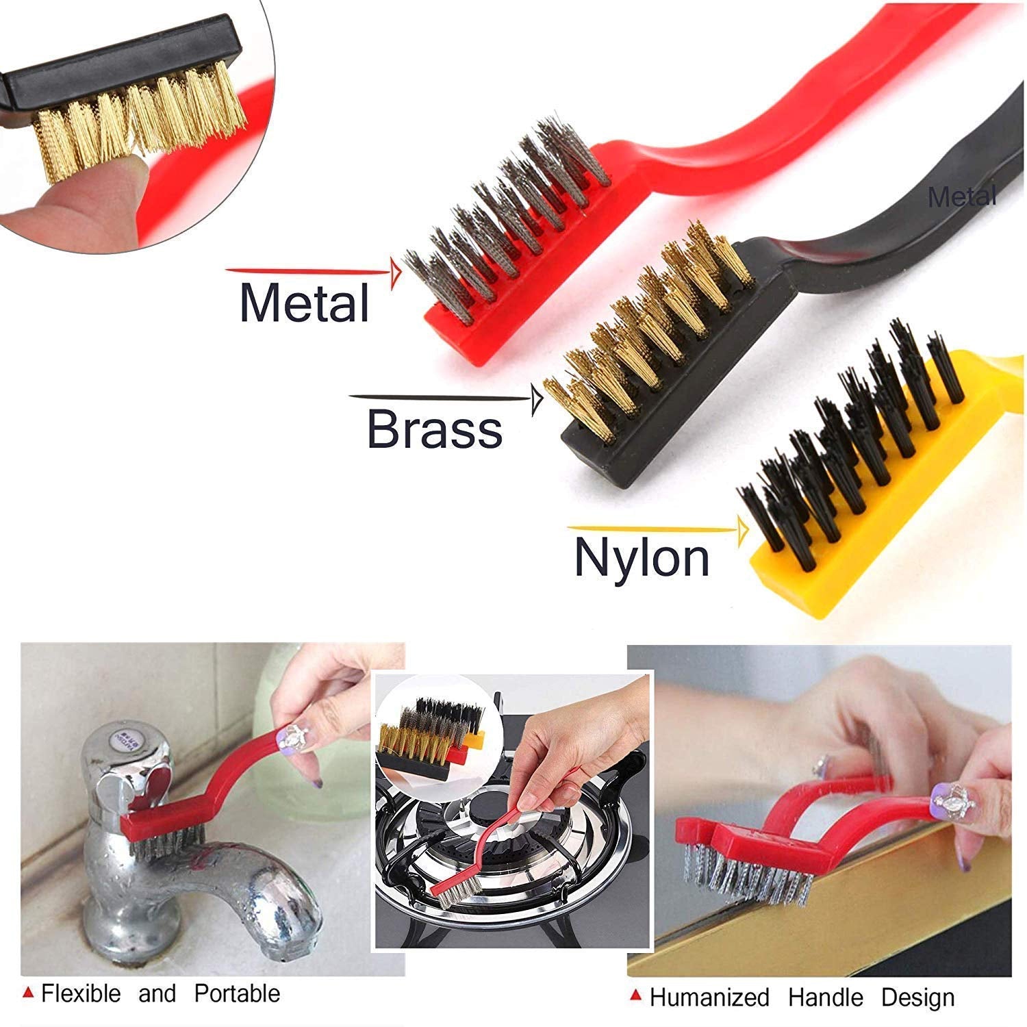 3pc Mini Wire Brush Set Brass Nylon Stainless Steel Bristles Household Cleaning  - 6110_3pc_mini_wire_brush