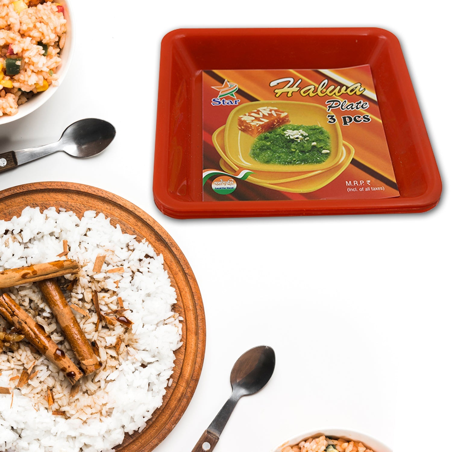 Square Plastic Halwa Dinner Plate Snacks / Breakfast, Restaurant Serving Trays H - 5563_pla_halwa_plate_3pc_d44