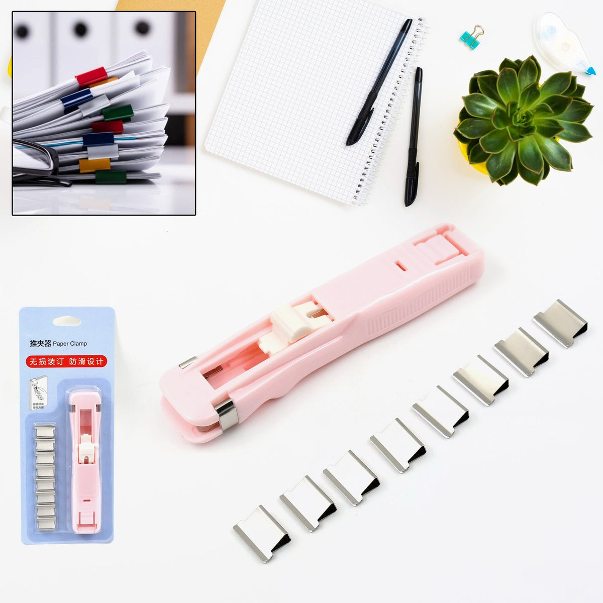 Portable Paper Clamp With 8 Pcs Clip Dispenser Handheld Paper Fast Clam (1 Set) - 17950_paper_clamp_with_8_clip