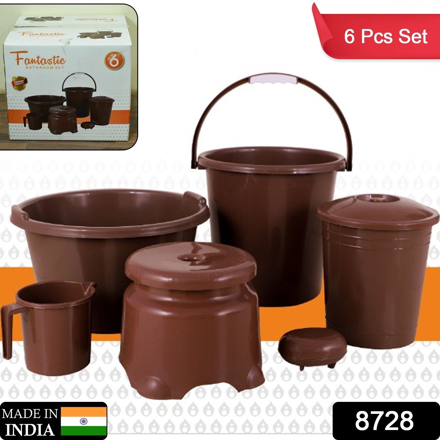 Plastic Bathroom Accessories Set 6 pcs Bath Set Bathroom Bucket with Dustbin Mug - 8728_plastic_6pc_bathroom_set