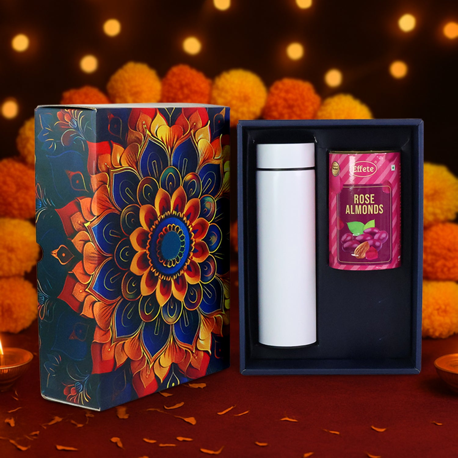 Stainless Steel Bottle, Rose Almonds Gift Hamper Golden (2 Pc Set)