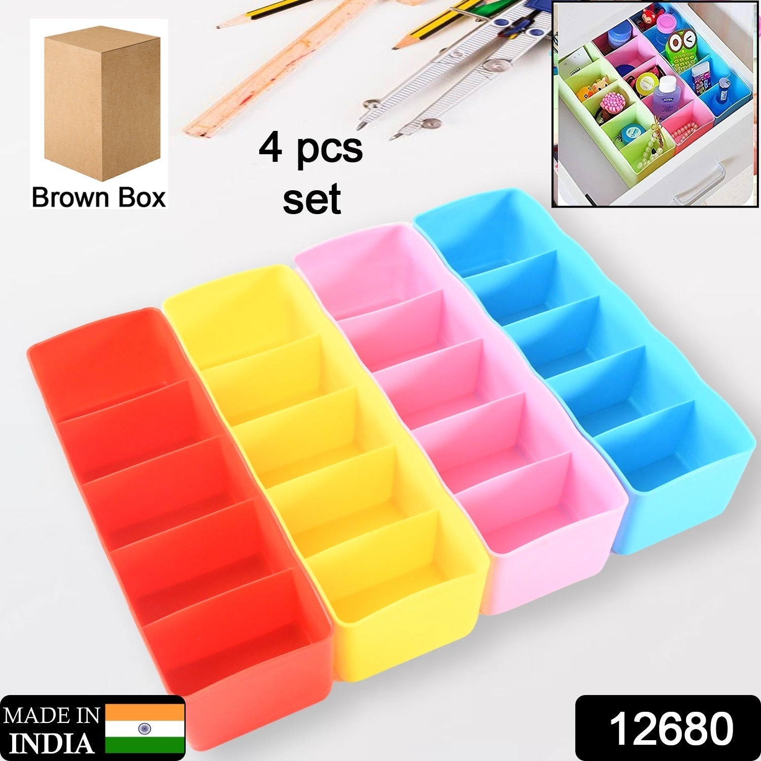 Multi-Function Desktop Drawer Storage Box Clothing Organizer 5 Grid Storage Box  - 12680_5grid_drawer_storage_box_4pc