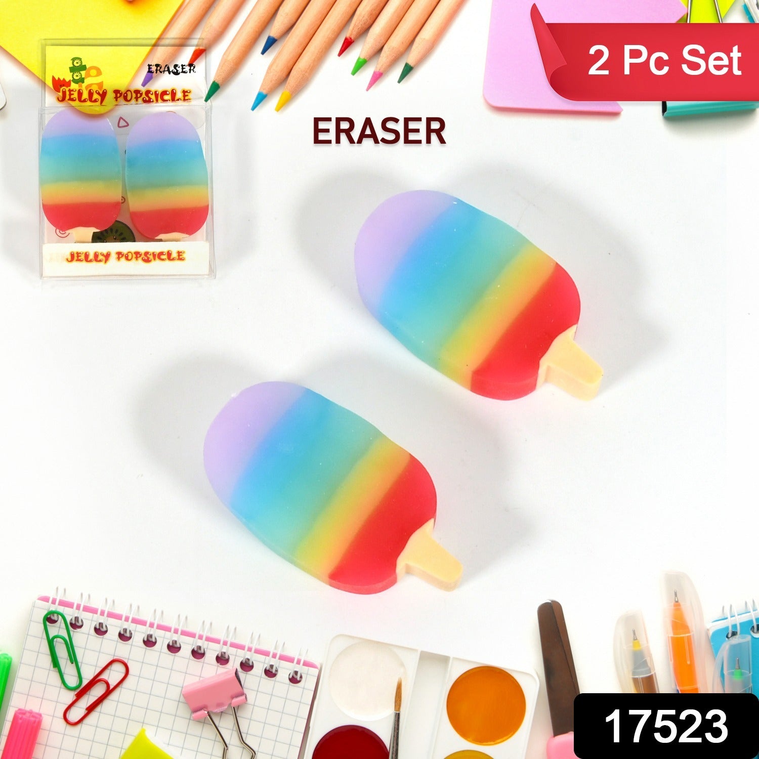 Jelly Popsicle Shape Fancy &amp; Stylish Erasers, Mini Eraser Creative Cute Nove - 17523_jelly_popsicle_eraser_2pc