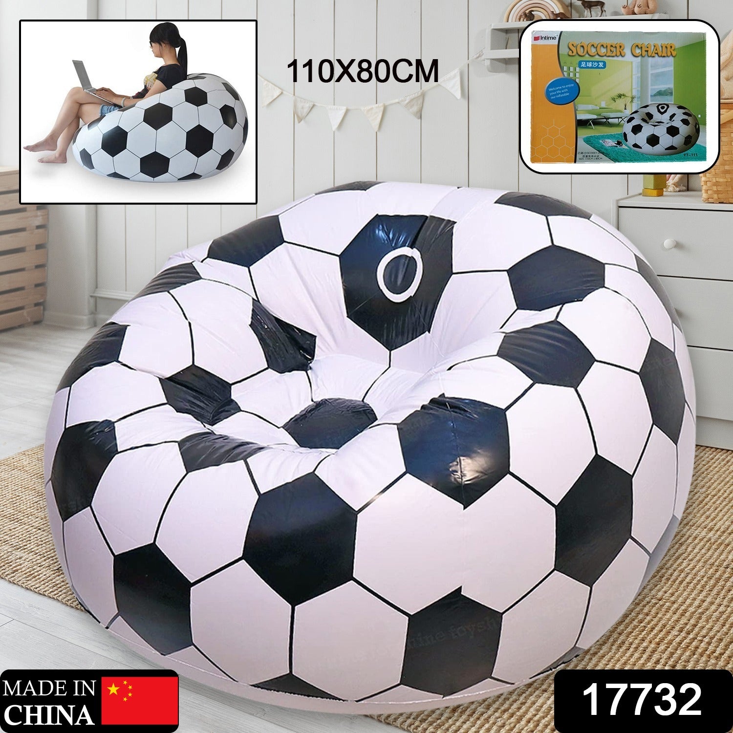 Foldable Sofa, Cartoon Style Inflatable Folding Chair, Ball Chair, Inflatable So - 17732_soccer_ball_chair_110x80cm