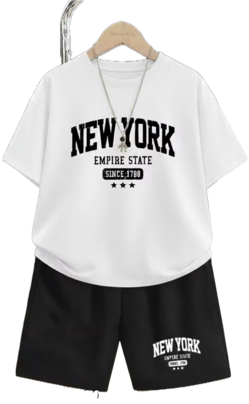 Vibrant boys printed short-sleeve top with round neck and matching printed shorts