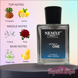 NEMAT Spray Inspired by One Perfume for Men with notes of pineapple, lemon, freesia, and amber.