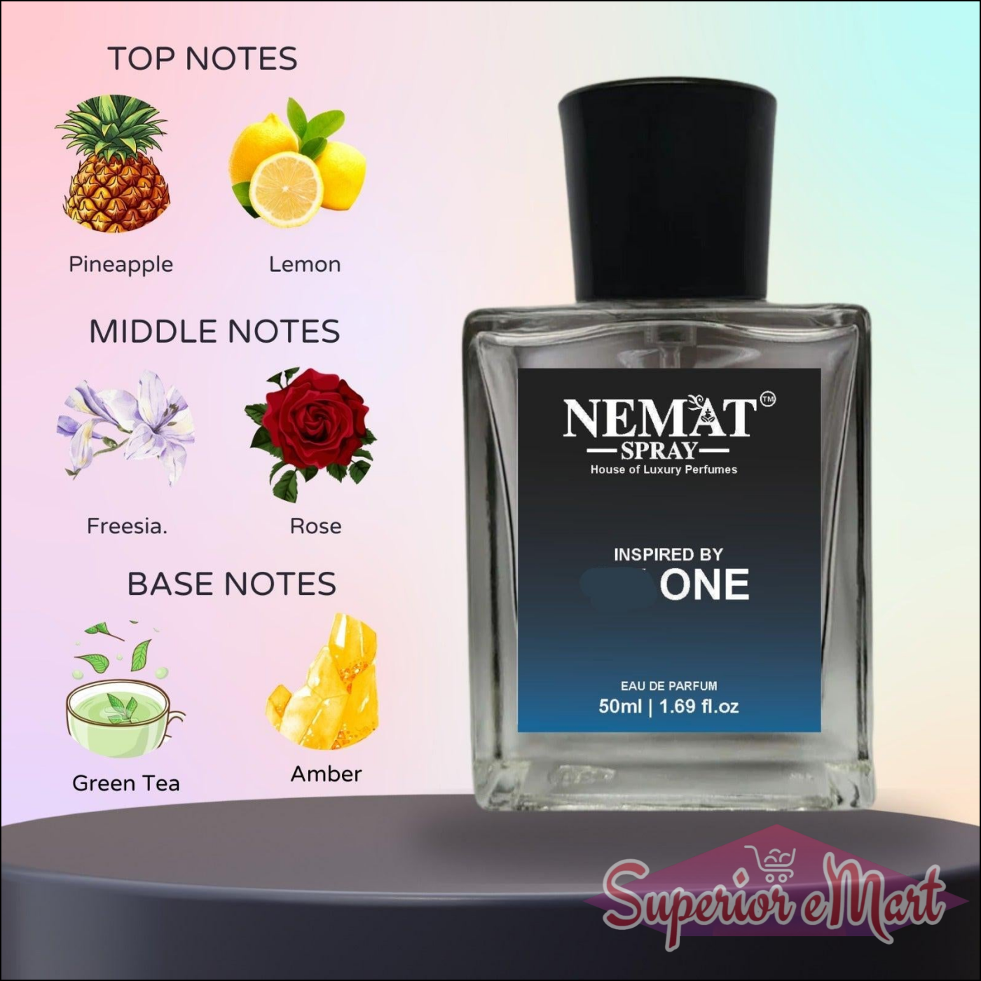 NEMAT Spray Inspired by One Perfume for Men with notes of pineapple, lemon, freesia, and amber.