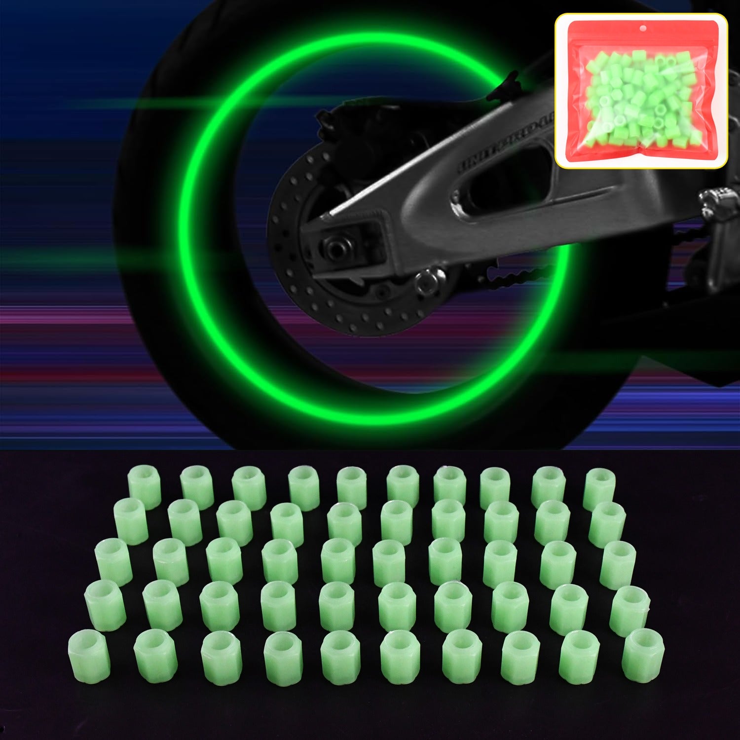 100 pcs tire valve cap set in neon green for enhancing visibility on vehicles