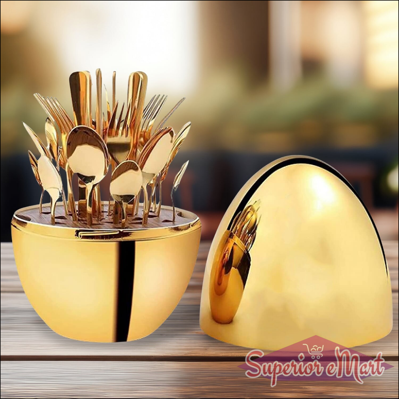 10010 Premium Cutlery Set 24 Pcs With Oval Shaped Stand  Beautiful Stylish Oval Designed Cutlery Sets Egg-shaped Luxury Spoon Holder Set (Golden  24 Pcs Set)