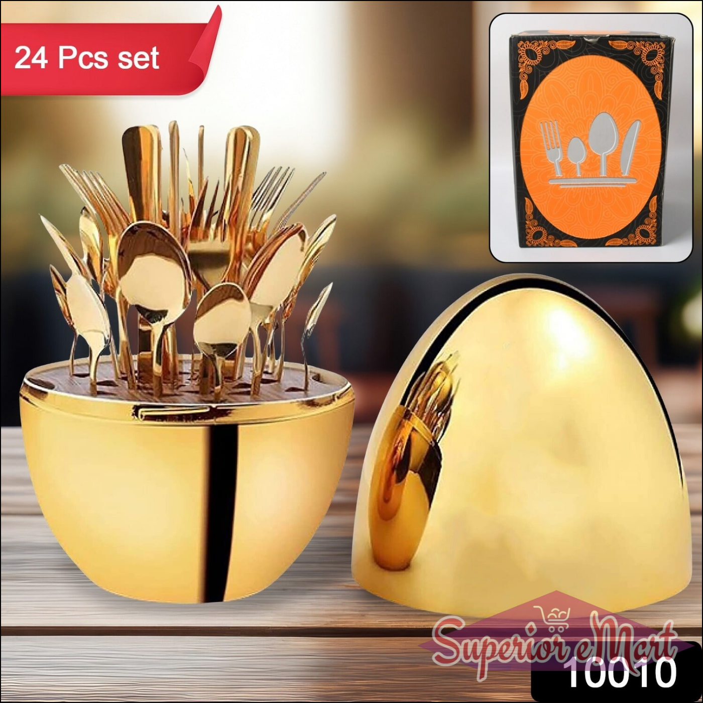 10010 Premium Cutlery Set 24 Pcs With Oval Shaped Stand  Beautiful Stylish Oval Designed Cutlery Sets Egg-shaped Luxury Spoon Holder Set (Golden  24 Pcs Set)