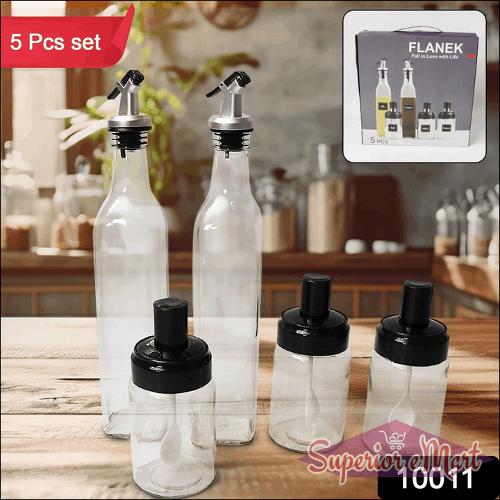 10011 Transparent Glassoil Dispenser 500 Ml Bottle Set Of 2 Spice Jar 250 Ml Set Of 3 Oil Bottle For Kitchen Oil  Vinegar Storage Glass Bottle Glass Container For Spice Masala (5 Pcs Set)