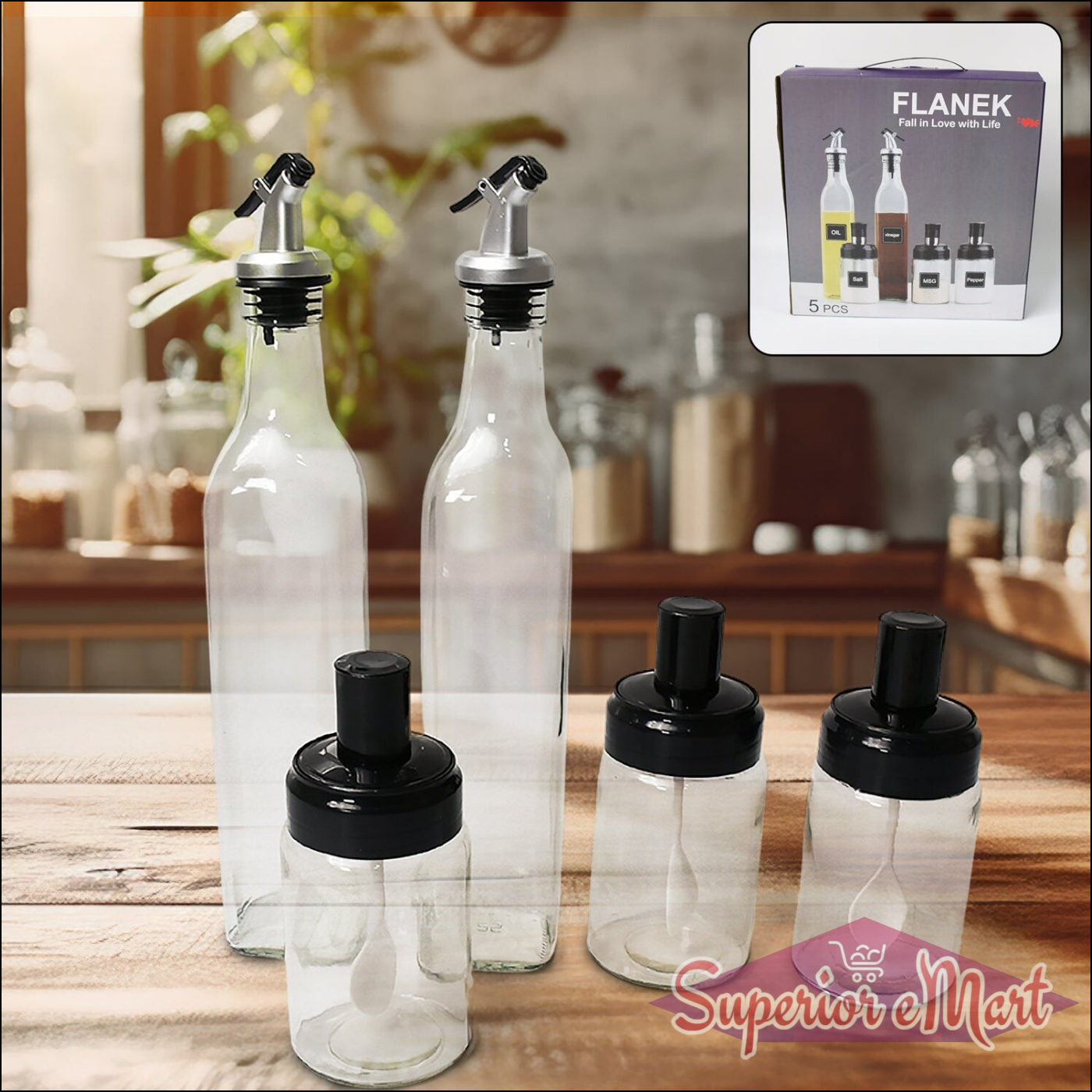10011 Transparent Glassoil Dispenser 500 Ml Bottle Set Of 2 Spice Jar 250 Ml Set Of 3 Oil Bottle For Kitchen Oil  Vinegar Storage Glass Bottle Glass Container For Spice Masala (5 Pcs Set)