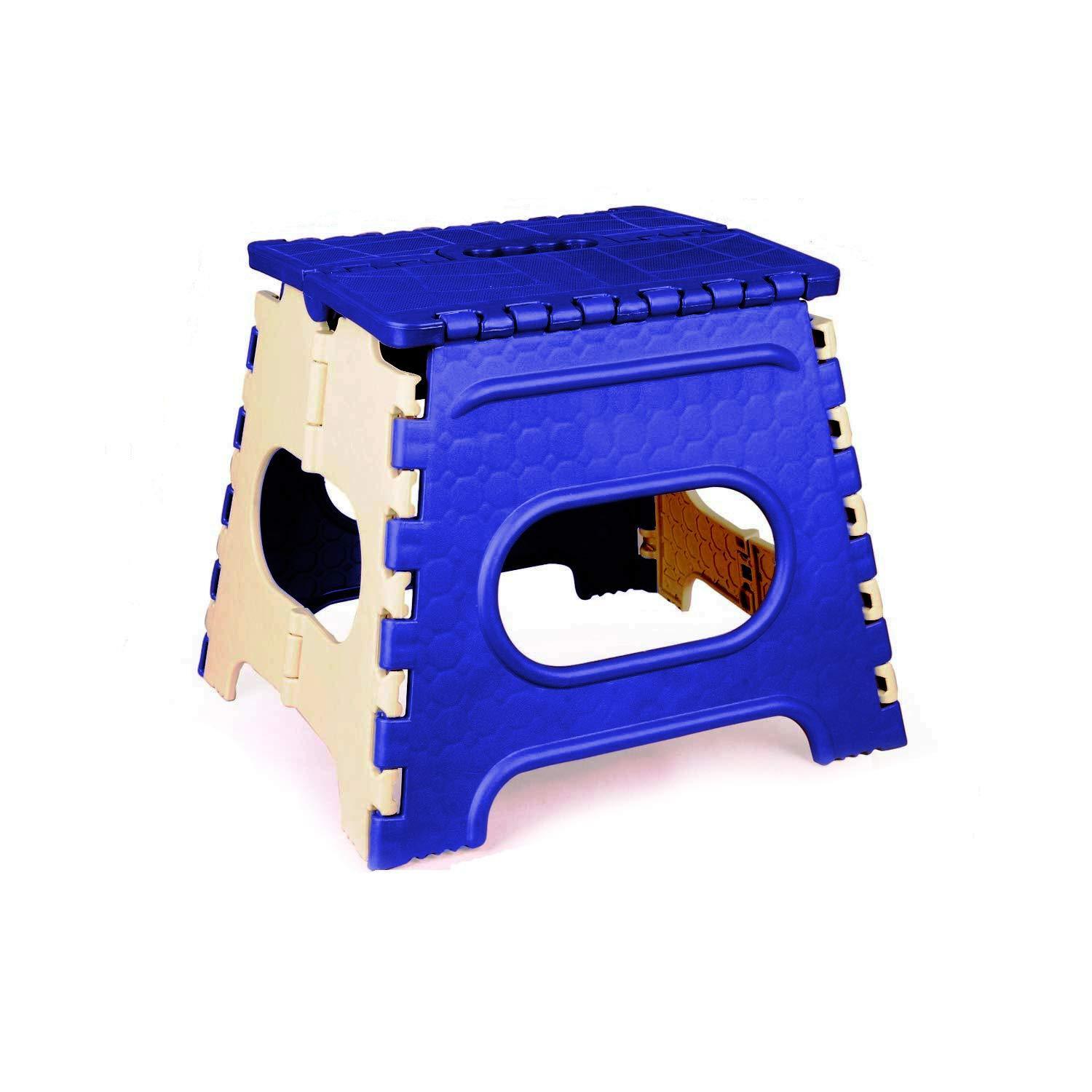 Durable 12 inch folding stool in blue for kids, perfect for easy seating and reaching high places