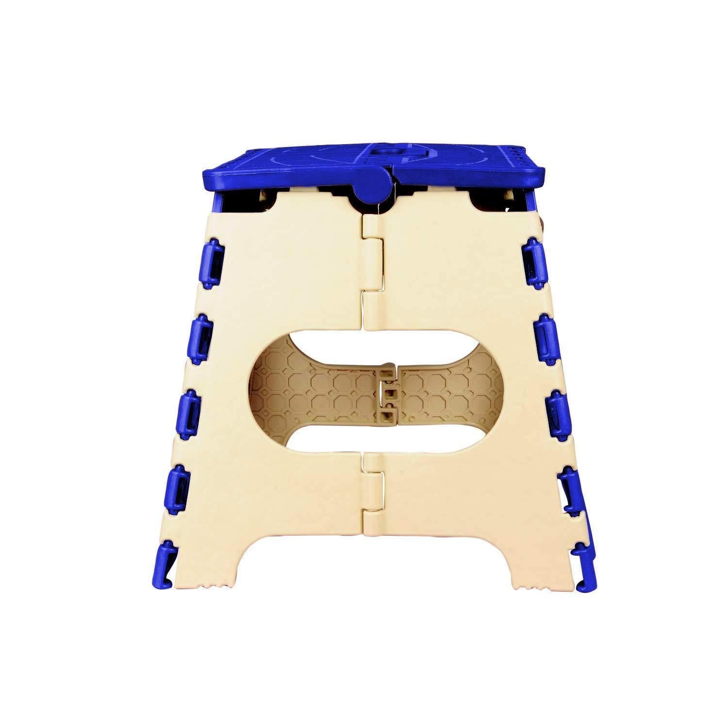 12 inch folding stool in blue and beige, designed for kids with a sturdy, lightweight construction