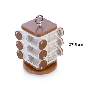 12-jar spice organizer with a wooden lid and clear containers for easy access in the kitchen